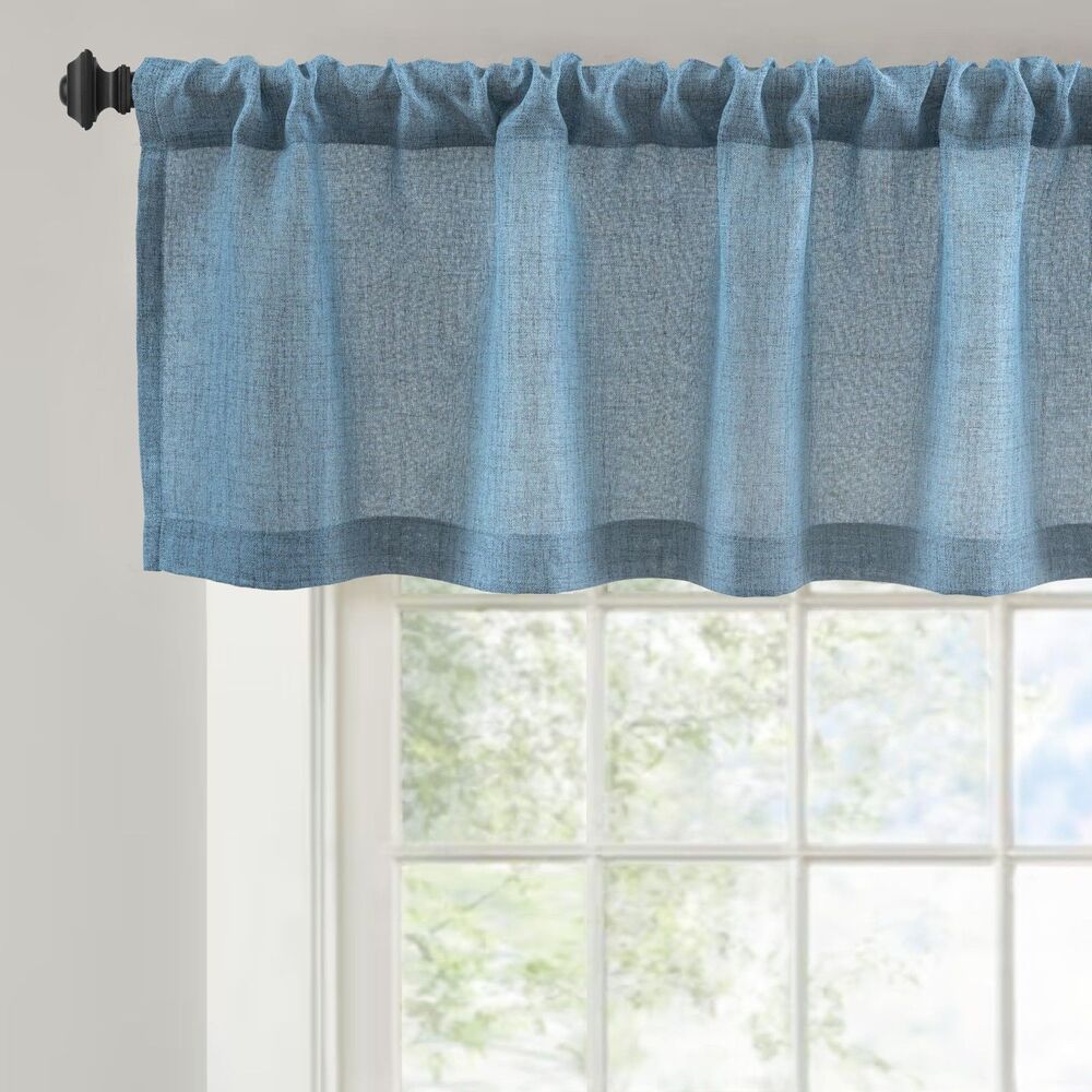 52"W x 14"L Linen Textured Curtain Valance for Window (Blue)